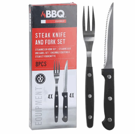 Biff bestikk i sort plast med metall blad 8 deler grill