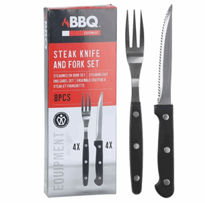 Biff bestikk i sort plast med metall blad 8 deler grill