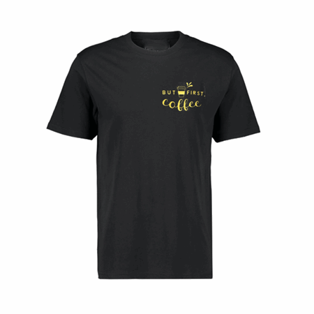 T-skjorte uni str S but first cooffee gold text black