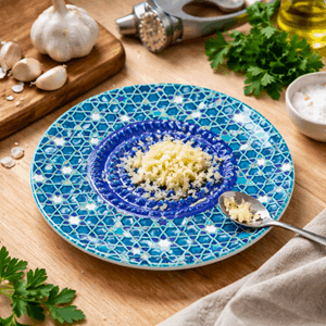 Fat for rasp av løk mm. mosaikk blå toner