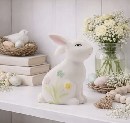 Figur hvit kanin me blomster påske 12cm