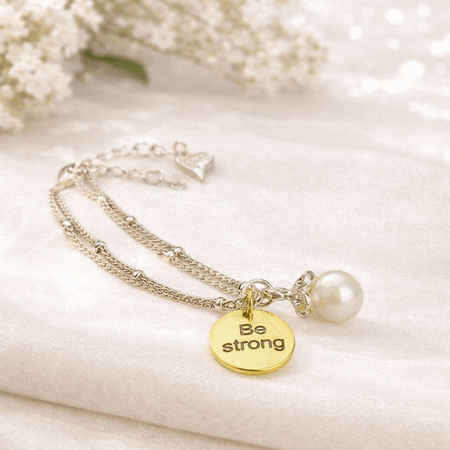 Armbånd sølvfarget kulelenke perle tekst be strong